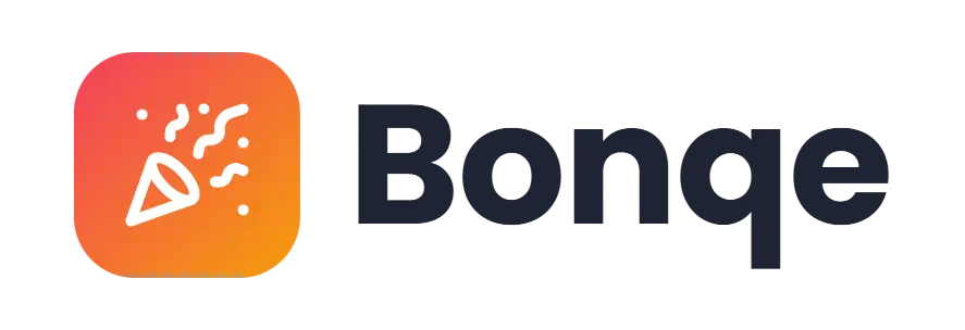 Bonqe logo concept: a party-popper icon beside the Bonqe wordmark