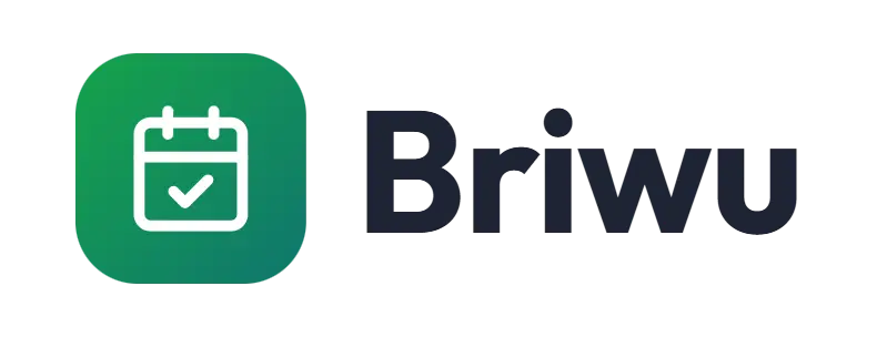 Briwu logo concept: a calendar-with-check icon beside the Briwu wordmark