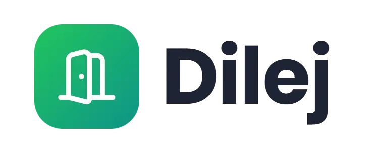 Dilej logo concept: an open-door icon beside the Dilej wordmark