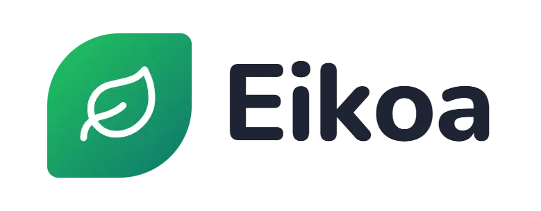 Eikoa logo concept: a leaf icon beside the Eikoa wordmark