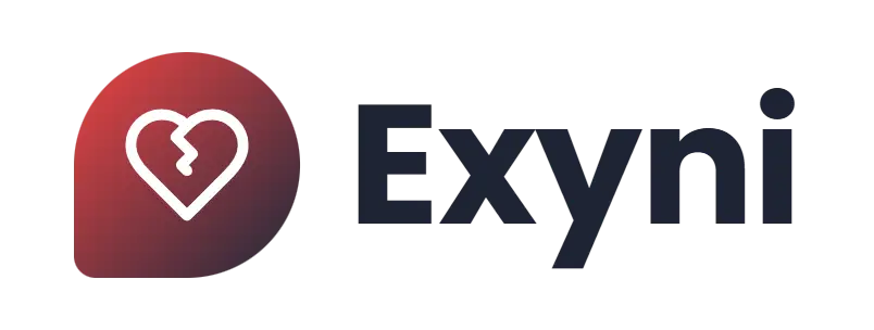 Exyni logo concept: a broken-heart icon beside the Exyni wordmark
