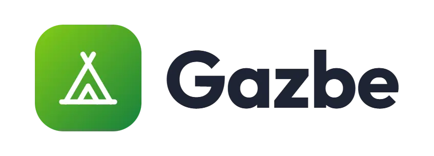 Gazbe logo concept: a tent icon beside the Gazbe wordmark