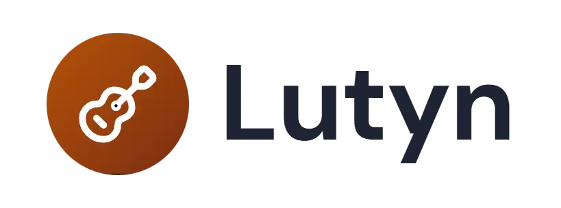 Lutyn logo concept: a guitar icon beside the Lutyn wordmark
