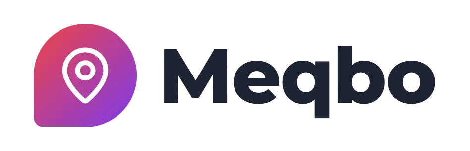 Meqbo logo concept: a map-pin icon beside the Meqbo wordmark