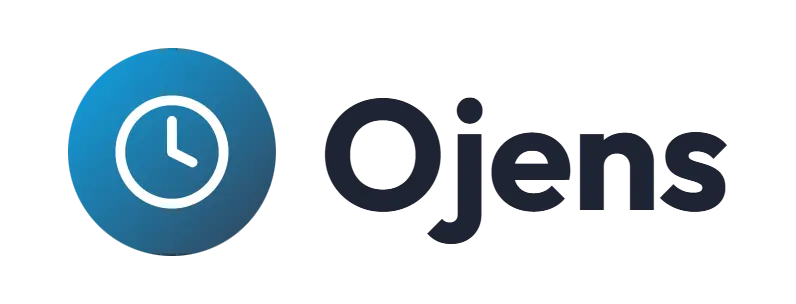 Ojens logo concept: a clock icon beside the Ojens wordmark
