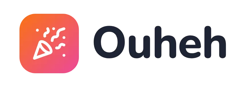 Ouheh logo concept: a party-popper icon beside the Ouheh wordmark
