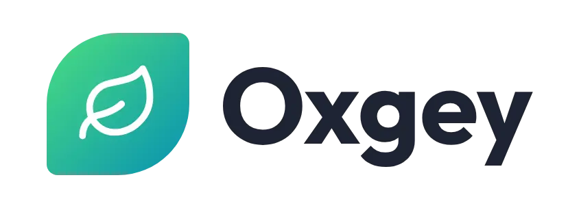 Oxgey logo concept: a leaf icon beside the Oxgey wordmark