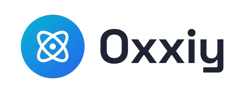Oxxiy logo concept: an atom icon beside the Oxxiy wordmark