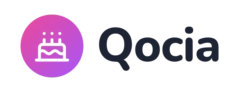 Qocia logo concept: a cake icon beside the Qocia wordmark