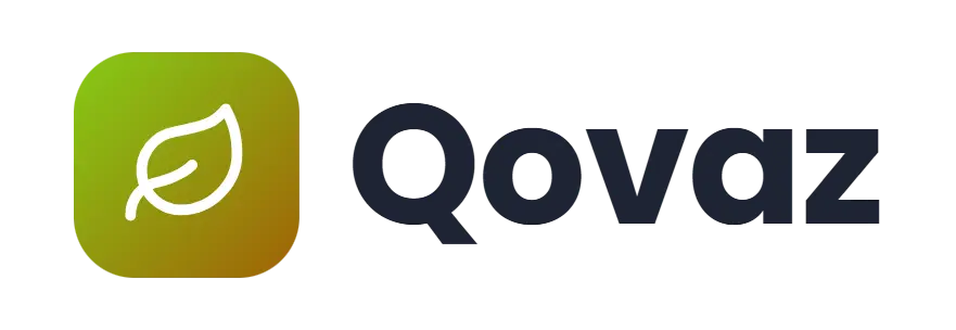 Qovaz logo concept: a leaf icon beside the Qovaz wordmark
