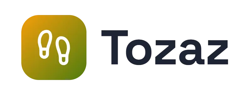 Tozaz logo concept: a footprints icon beside the Tozaz wordmark
