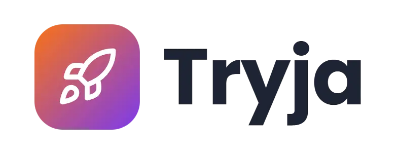 Tryja logo concept: a rocket icon beside the Tryja wordmark