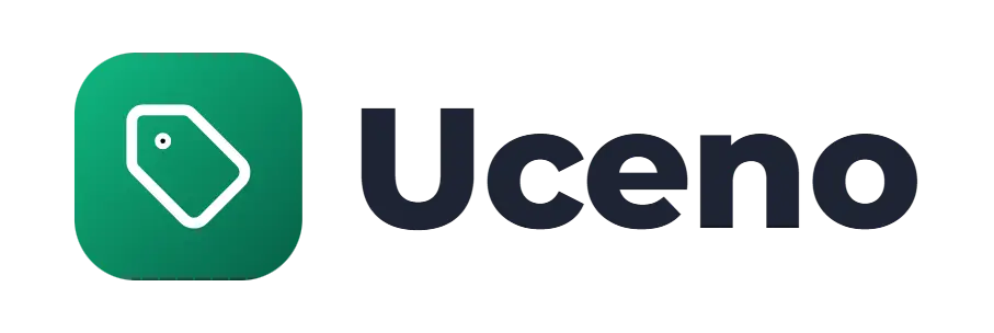 Uceno logo concept: a price-tag icon beside the Uceno wordmark