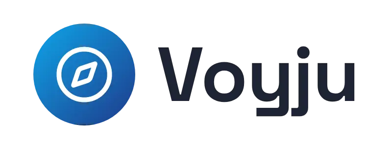 Voyju logo concept: a compass icon beside the Voyju wordmark