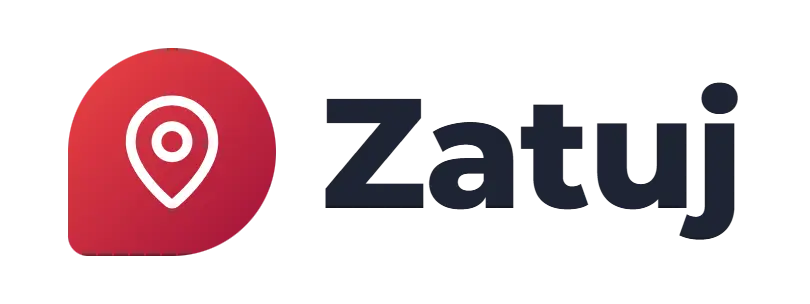 Zatuj logo concept: a map-pin icon beside the Zatuj wordmark